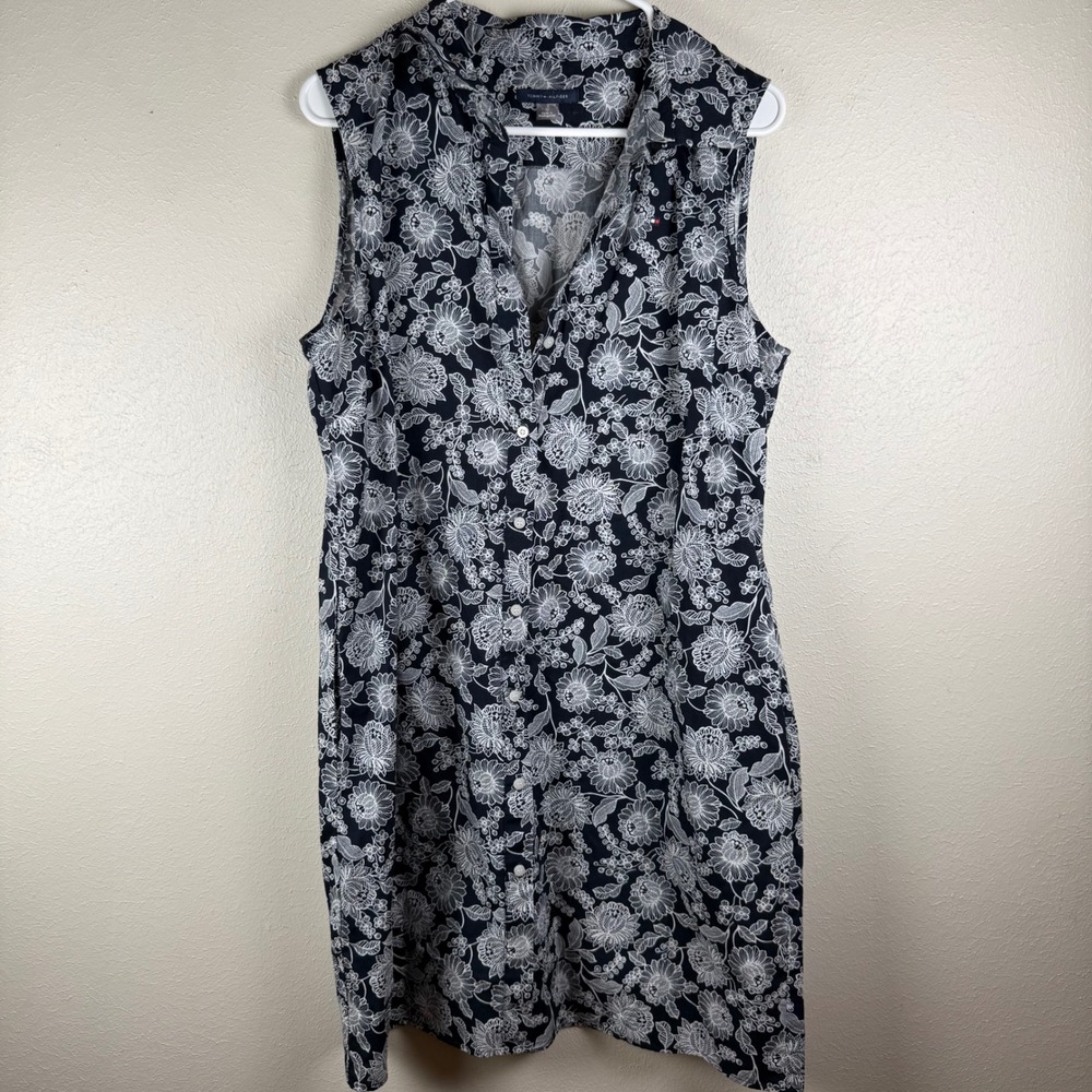 Tommy Hilfiger Navy White Floral Cotton Sleeveless Button Front Shirt Dress 12